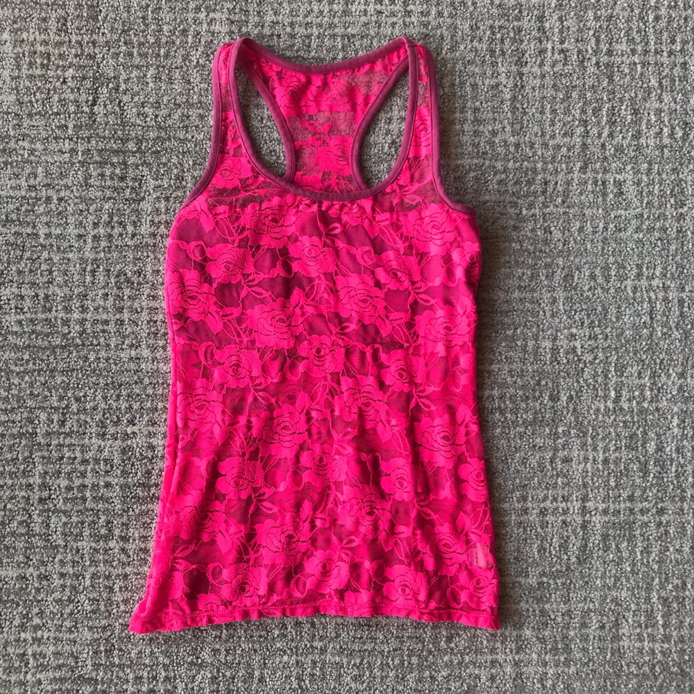 Bebe Bright Pink Sheer Lace Tank Top XS